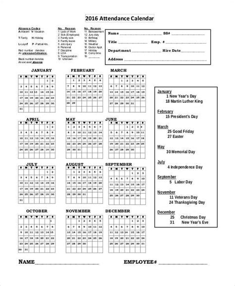 FREE 7+ Attendance Calendar Templates in PDF