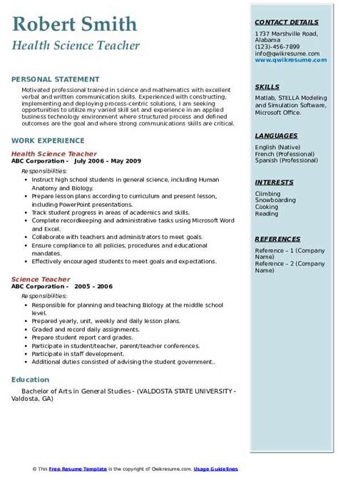 Science Teacher Resume Samples | QwikResume