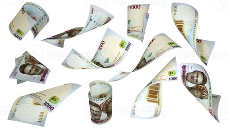 3D rendering of 1000 Nigerian naira notes flying in different angles ...