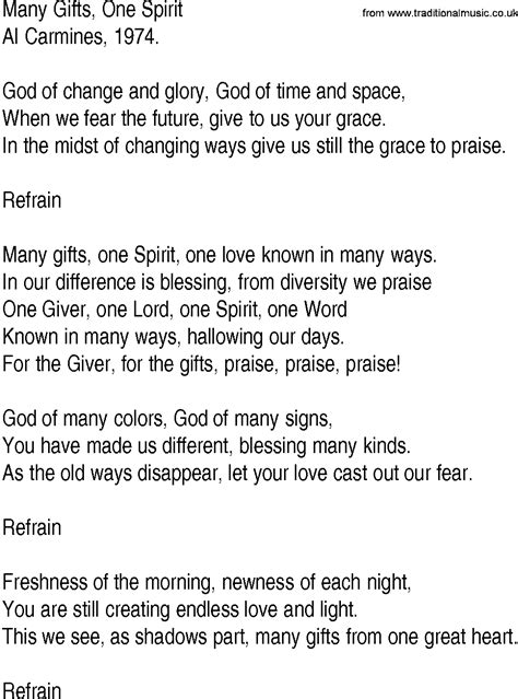 Hymn and Gospel Song Lyrics for Many Gifts, One Spirit by Al Carmines