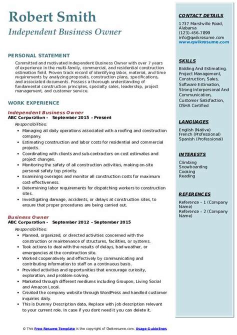 Business Owner Resume Samples | QwikResume