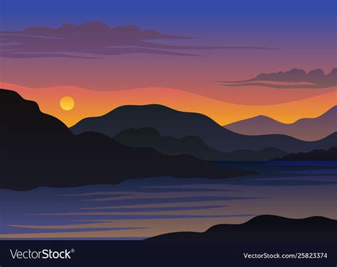 Sunset over hills and river Royalty Free Vector Image