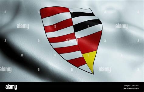 3D Illustration of a waving coat of arms flag of Neu Isenburg (Germany ...