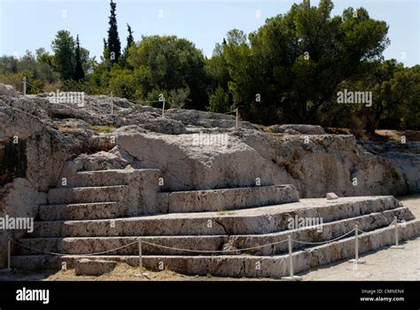 Pnyx Hill. Athens. Greece. View on Pnyx Hill of the bema the stepped platform carved from the ...