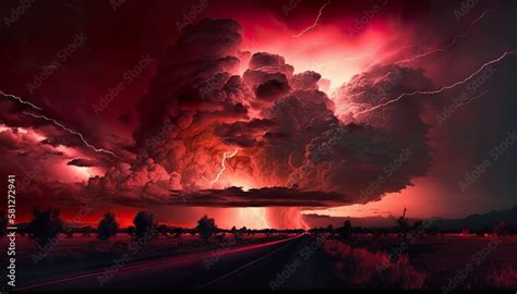 Totally red sky with lots of clouds, and some plasma lightning ...