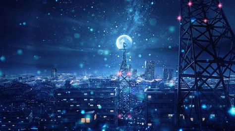 Blue Night Big Moon Anime Scenery, anime, night, scenery, HD wallpaper ...