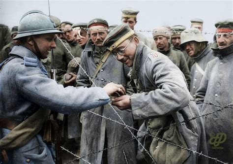 The Second Battle of the Aisne April 1917. German prisoners in a holding camp at Montaxin Farm ...