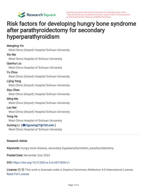 (PDF) Risk factors for developing hungry bone syndrome after parathyroidectomy for secondary ...