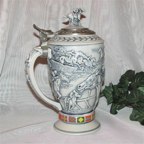 LIDDED STONEWARE BEER STEIN AVON WINNER'S CIRCLE HORSE RACING JOCKEY ...