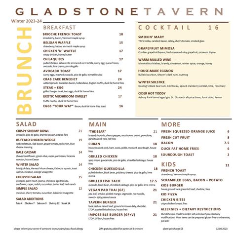 Gladstone Tavern—Menus