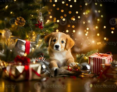 Cute happy puppy and kitten under Christmas tree 30788564 Stock Photo ...