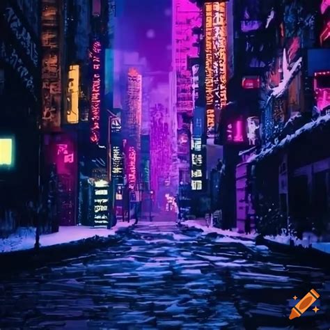 Neon cyberpunk city during snowfall