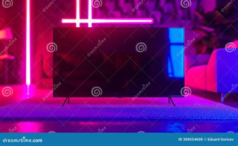 Modern TV with Neon Lights in Stylish Living Room Stock Photo - Image of home, electric: 308554608