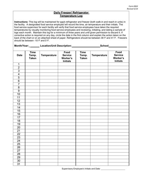 Printable Fridge And Freezer Temperature Log Sheet