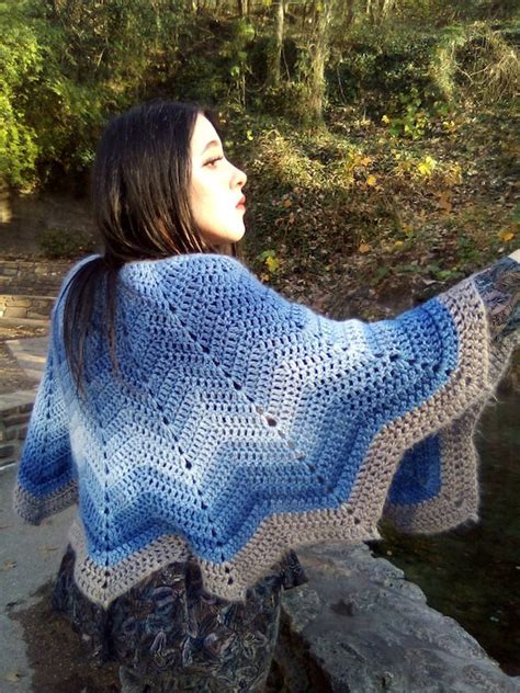 Hand Knitted Shawl/Soft Yarn/Vintage Made Blues and G… - Gem