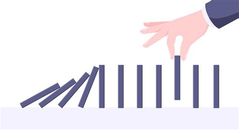 Domino effect business concept. Hand stops chain reaction of falling ...