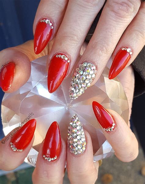 Red with bling | Vintage nails, Diamond nails, Acrylic nail designs