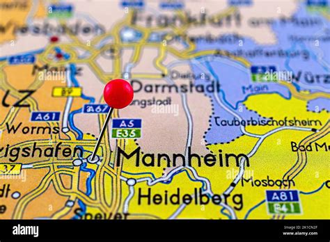 Mannheim map. Close up of Mannheim map with red pin. Map with red pin ...