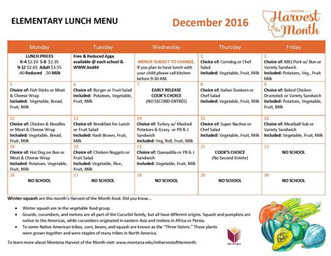 December 2016 Elementary Lunch Menu Chef's Choice, Breakfast Menu, Corn ...