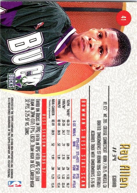 RAY ALLEN 1997-98 Bowman's Best Basketball Card #41 Milwaukee Bucks NBA ...