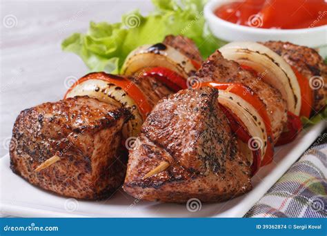 Shish Kebab with Vegetables and Sauce Front View Stock Photo - Image of macro, mediterranean ...