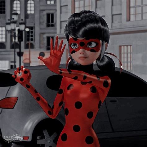 a cartoon lady bug with black and red polka dots on her face, holding out her hands in front of ...