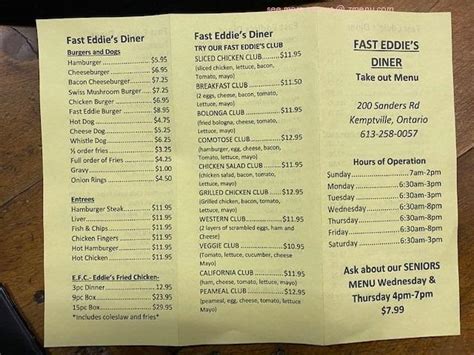 Menu at Fast Eddie's Diner restaurant, Kemptville