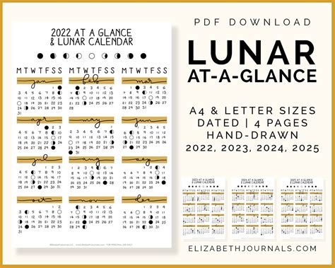 Lunar Calendar At-a-glance Moon Phases 2022 2025 - Etsy