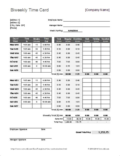 Download the Biweekly Timecard Calculator from Vertex42.com | Templates printable free, Card ...