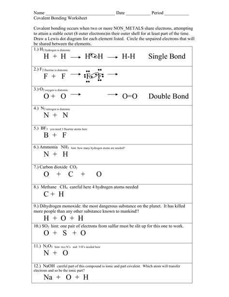 Chemical Bonds Worksheet Answers