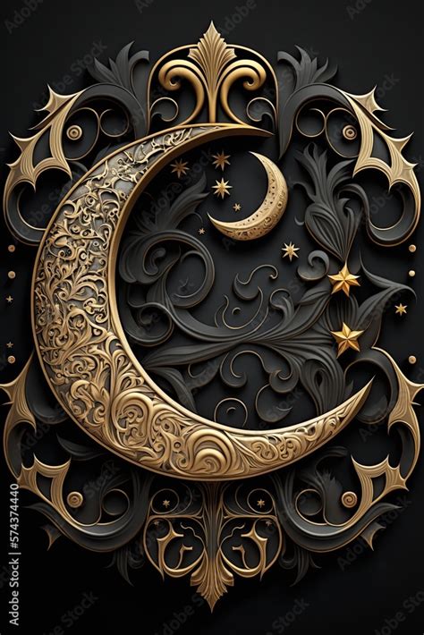 Islamic crescent, night sky, big moon, rich ornament. Paper art, 3d illustration, black and gold ...