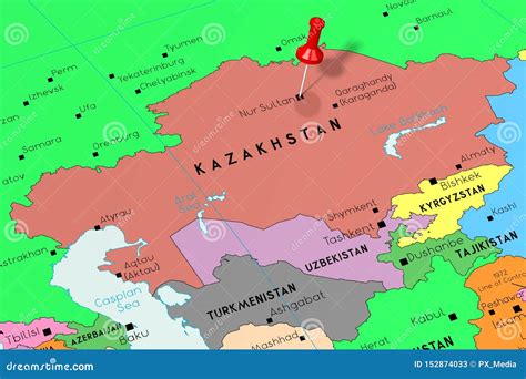 Kasachstan, Nur-Sultan - Hauptstadt, Festgesteckt Auf Politische Karte ...