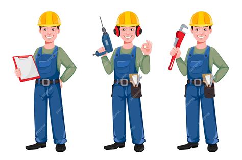 Premium Vector | Set of builder cartoon character