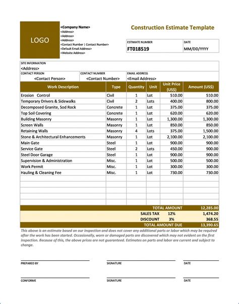 √ Free Printable Contractors Estimate Template