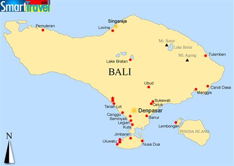 Detailed A4 printable map of Bali listing popular places, cities, tourist resort areas, temples ...