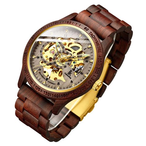 IK COLOURING Men's Genuine Leather Lightweight Luxury Mechanical Wooden Case Skeleton Luminous ...