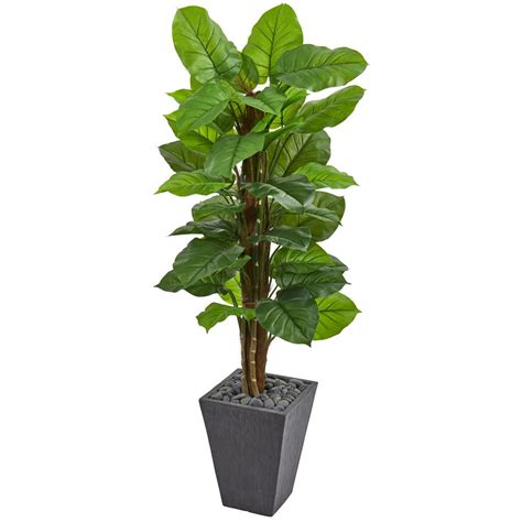 Nearly Natural Real Touch 5 ft. Indoor Large Leaf Philodendron Artificial Plant in Slate Planter ...