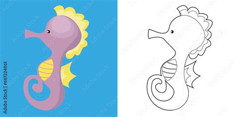 Cute cartoon animal coloring page. Coloring the seahorse sea animals worksheet. Coloring ...