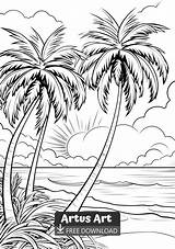 Tropical Sunset With Palm Trees Coloring Page  Free PDF Download sketch template