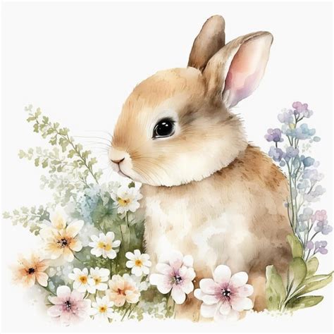 Premium Photo | Watercolor painting of a bunny in flowers