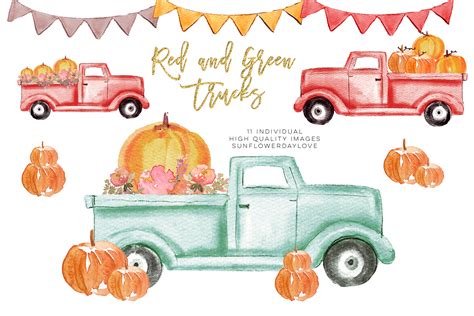 Pumpkin truck clipart, Watercolor Red Truck Pumpkins By Sunflower Day Love | TheHungryJPEG