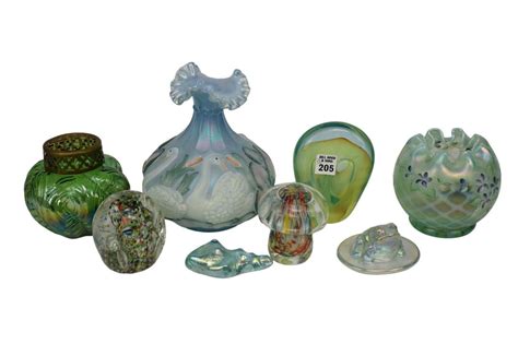 8 Pc. Glass Lot, Incl. 2 Fenton Handpainted Vases, (1) Swans (8"h) & (2 ...