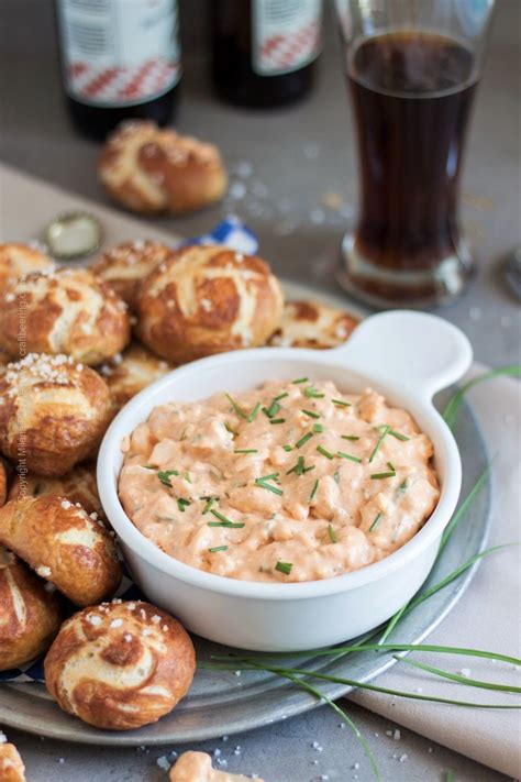 Obatzda Bavarian Beer Cheese Dip served with soft Bavarian pretzels. | Beer cheese dip, Beer ...