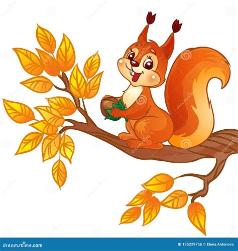 Cute Cartoon Squirrel with a Nut Sitting on Autumn Branch. Stock Vector - Illustration of brown ...