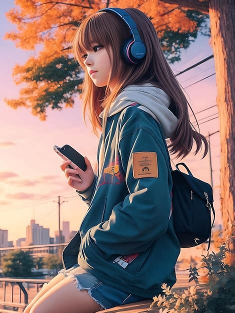 Premium Photo | Beautiful anime girl listening to lofi hip hop music ...