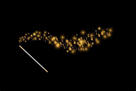 Magic wand with a stars with sparkle on black background. Trace of gold ...