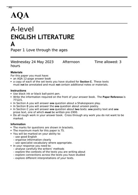 AQA A-level ENGLISH LITERATURE A Paper 1 QUESTION PAPER 2023: Love through the ages - A-level ...