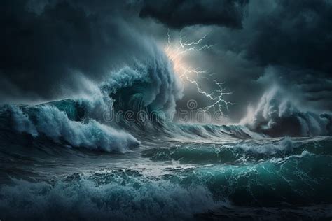 Storm Over the Ocean with Big Waves in a Dark Style, Raging Sea, Lightning and Thunder ...