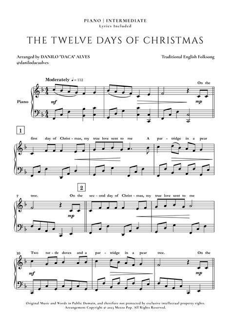 The Twelve Days of Christmas Sheet Music | Traditional English Folksong | Piano Solo