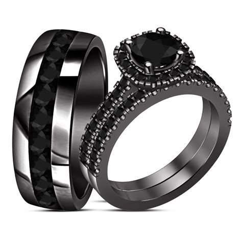 Bride & Groom Diamond Engagement Ring Trio Set Black Gold Plated Pure ...